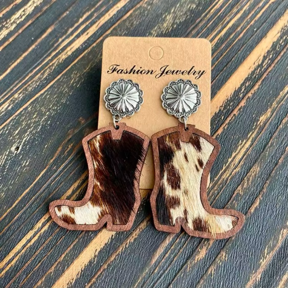 Wood and Faux Fur Cowboy Boots Earrings Posts Women Western